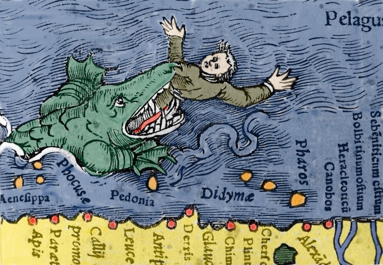 Sjømonster spiser et menneske, illustrasjon fra 