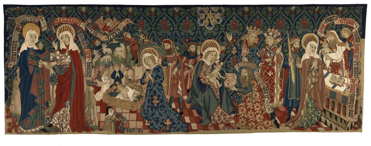 Ryggteppe som skildrer fire scener fra Jomfruens liv, fra Basel, ca. 1450-75 (ull- og hvite lintråder) av Swiss School