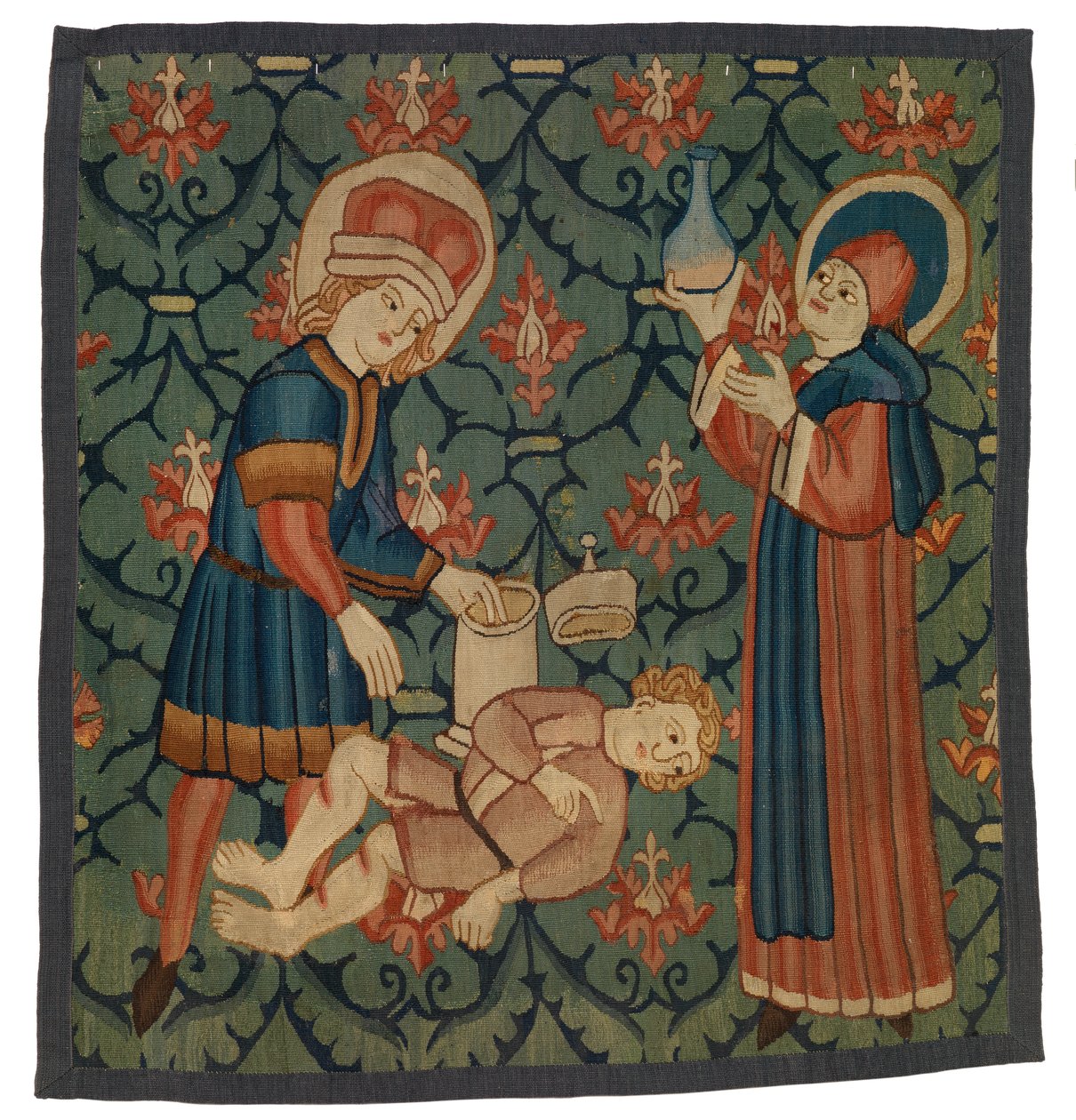 Tapetfragment som viser St Cosmas og St Damian av Swiss School