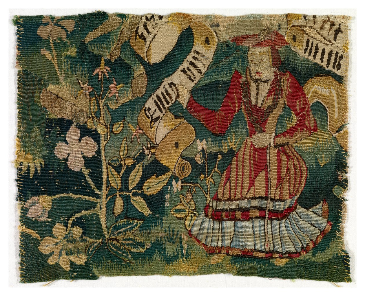 Tapetfragment som viser Tree and Woman Holding Scroll (ull) av Swiss School