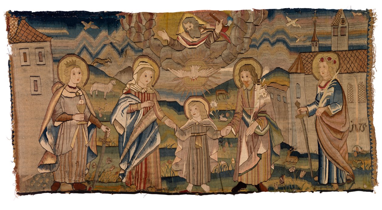 Tapetpanel som viser St. Barbara, Jomfru Maria, Den hellige treenighet, St. Josef og St. Catharine eller inkarnasjon med de hellige Barbara og Katarina av Swiss School