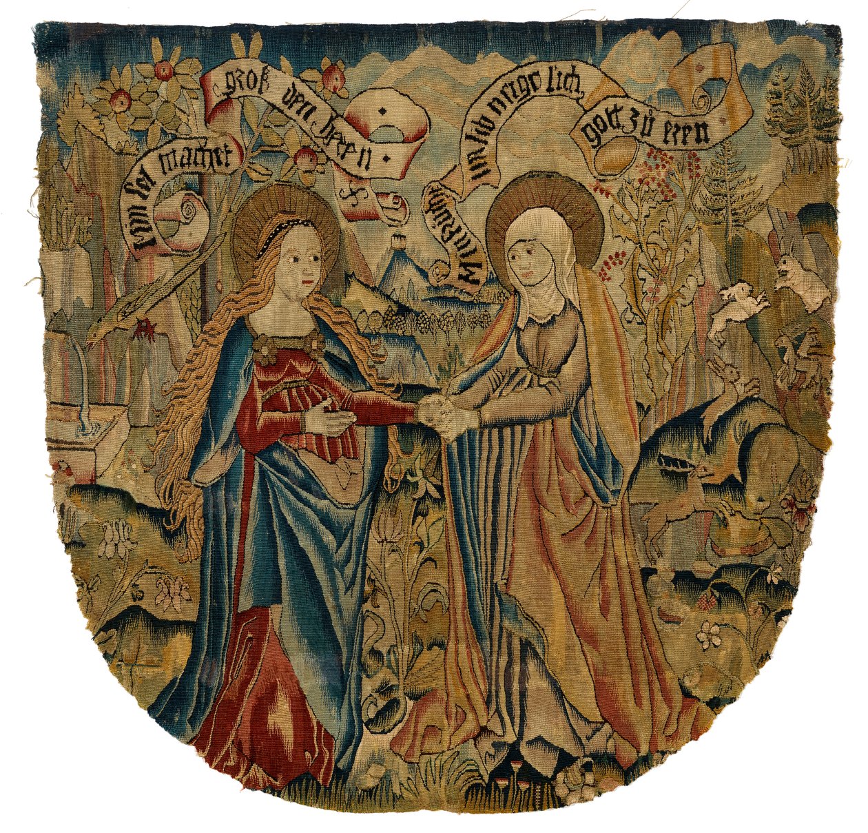 Tapetpanel som viser visitasjonen, ca. 1500 (ull, silke, metall og gull) av Swiss School