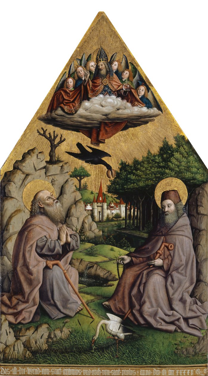 The Miraculous Feeding of Saint Anthony and Saint Paul the Eremitt (blandet media på tre) av Swiss School