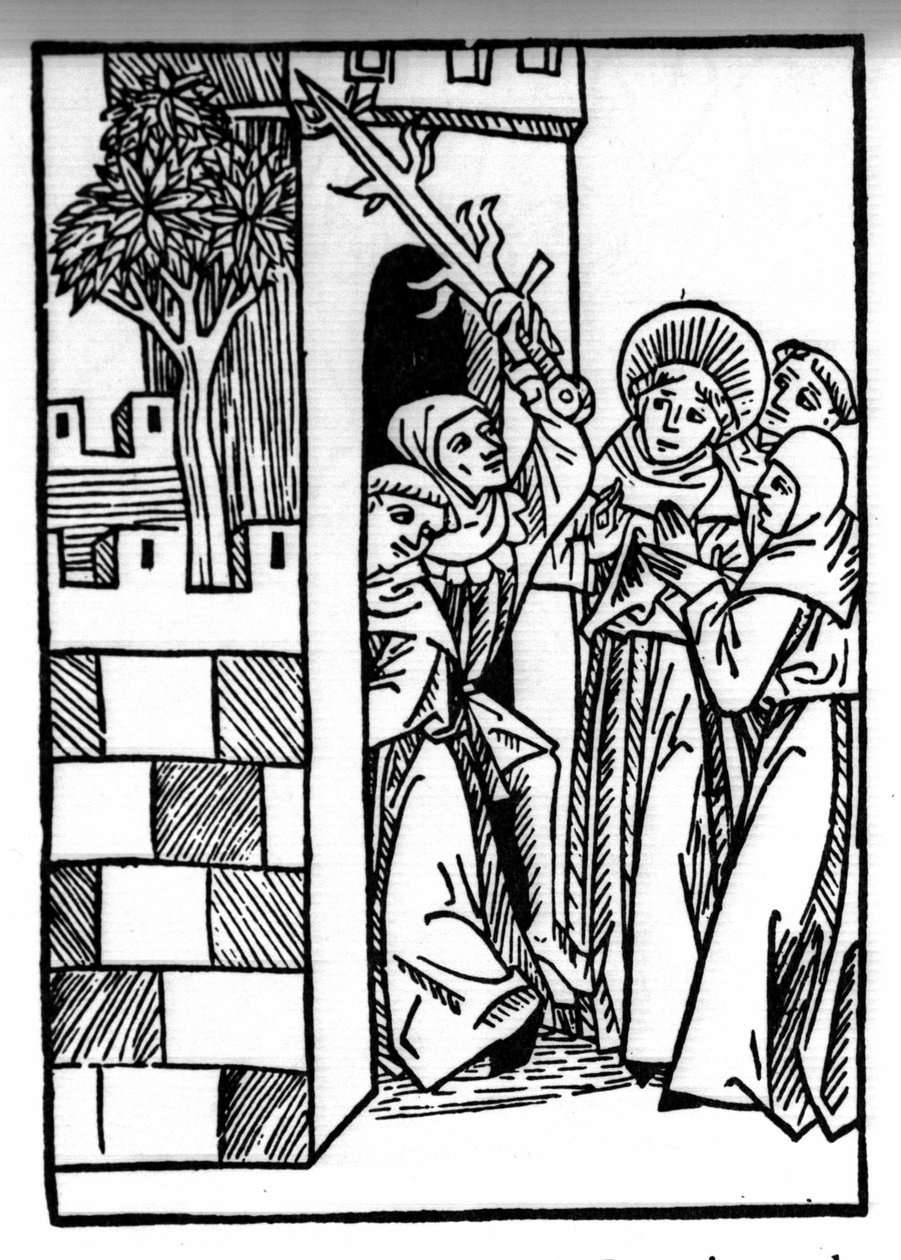Legenden om Saint Brendan (Brandan), helter og irsk helgen fra det 6. århundre. En av munkene er fengslet. Gravering av “” Die Wunderbare Meerfahrt des Hl. Brandan." Bale av Swiss School
