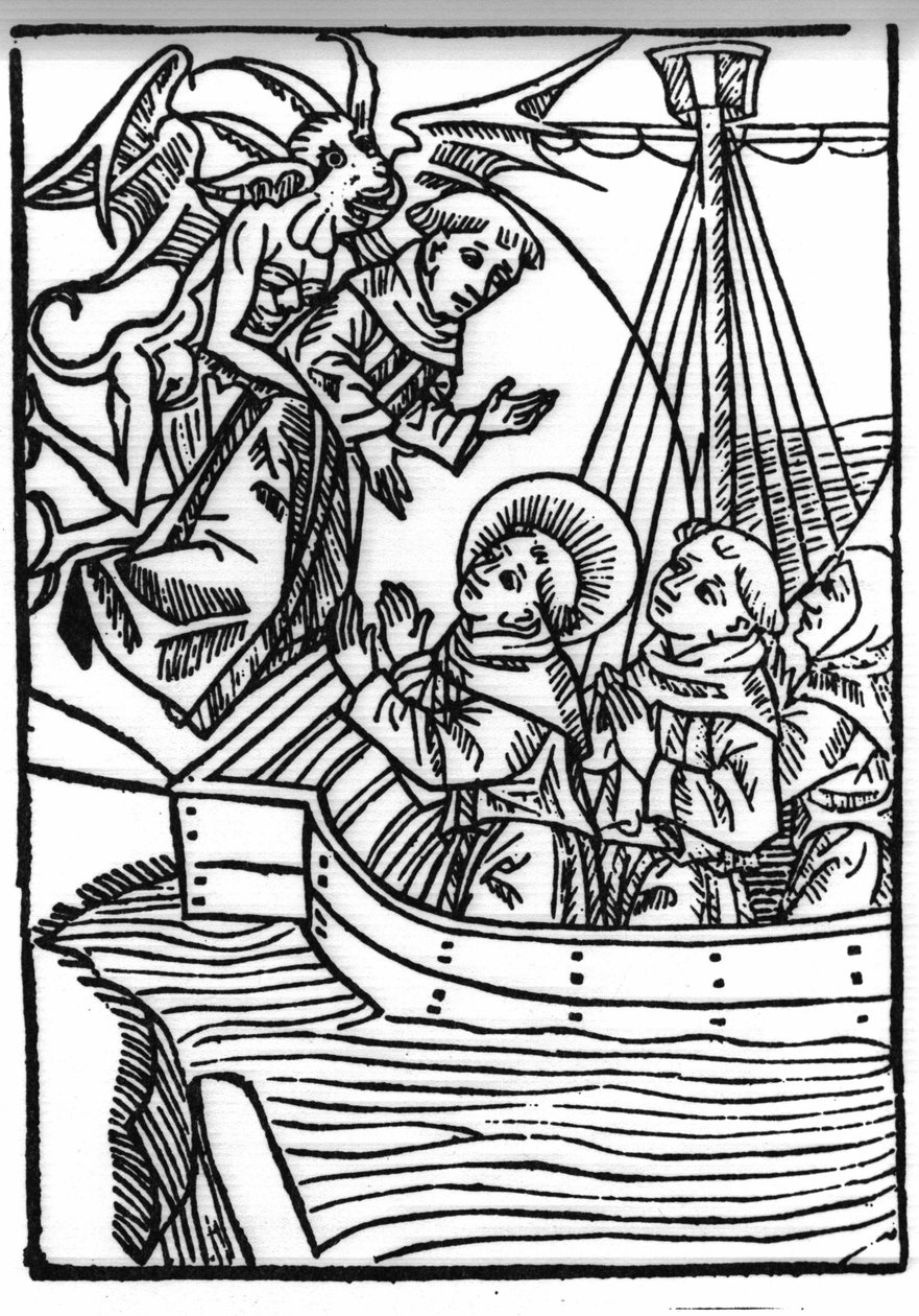 Legenden om Saint Brendan (Brandan), helter og irsk helgen fra det 6. århundre. Den hellige Brandans bønn redder den syndige munken. Gravering av “” Die Wunderbare Meerfahrt des Hl. Brandan." Bale av Swiss School