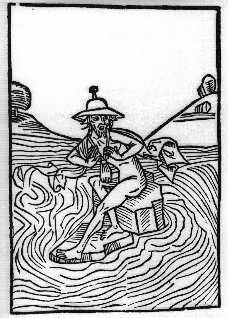 Legenden om Saint Brendan (Brandan), helter og irsk helgen fra 600-tallet: Møtet med Judas som lider av mange plager. Gravering av “” Die Wunderbare Meerfahrt des Hl. Brandan." Bale av Swiss School