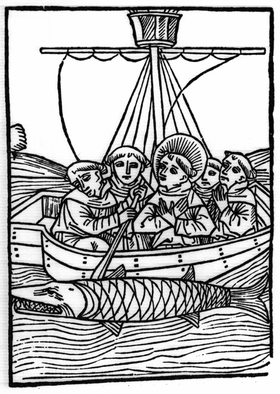Legenden om Saint Brendan (Brandan), helter og irsk helgen fra 600-tallet: Møtet med den gigantiske fisken Isconius. Gravering av “” Die Wunderbare Meerfahrt des Hl. Brandan." Bale av Swiss School