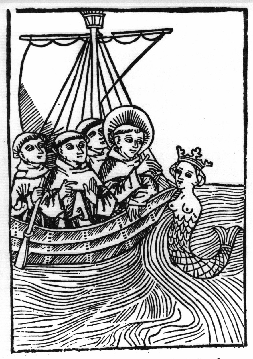 Legenden om Saint Brendan (Brandan), helter og irsk helgen fra det 6. århundre. St. Brendans møte med Sirene. Gravering av “” Die Wunderbare Meerfahrt des Hl. Brandan." Bale av Swiss School