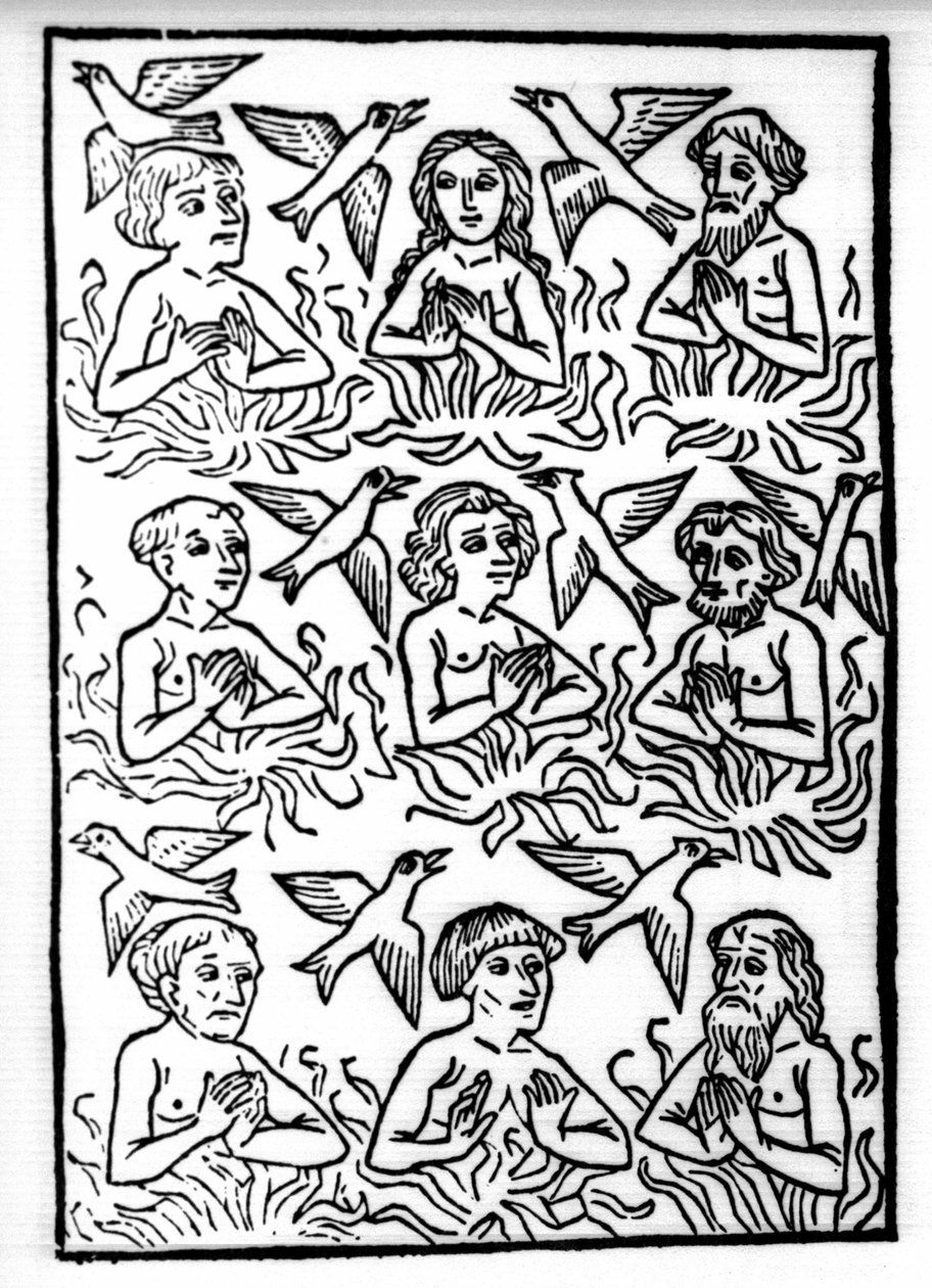 Legenden om Saint Brendan (Brandan), helter og irsk helgen fra 600-tallet: Skjærsildens branner og ildfuglene. Gravering av “” Die Wunderbare Meerfahrt des Hl. Brandan." Bale av Swiss School