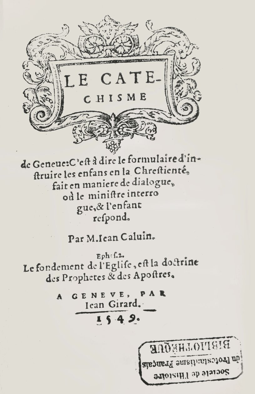 Tittelsiden til John Calvins katekisme, utgitt i Genève, 1549 av Swiss School