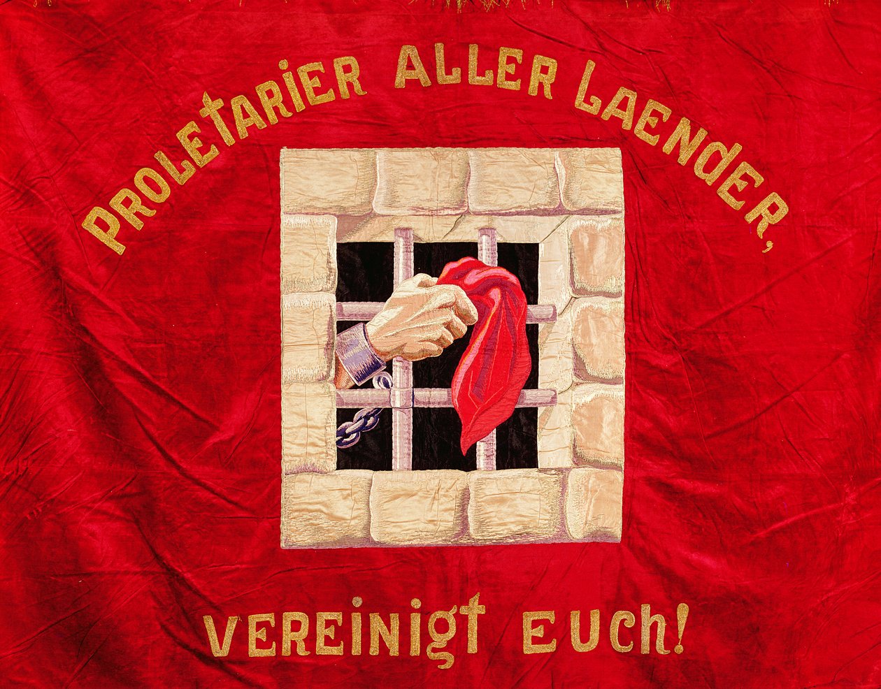 Fagforeningsbanner som oppfordrer proletarene i alle land til å forene seg (malt silke) av Swiss School
