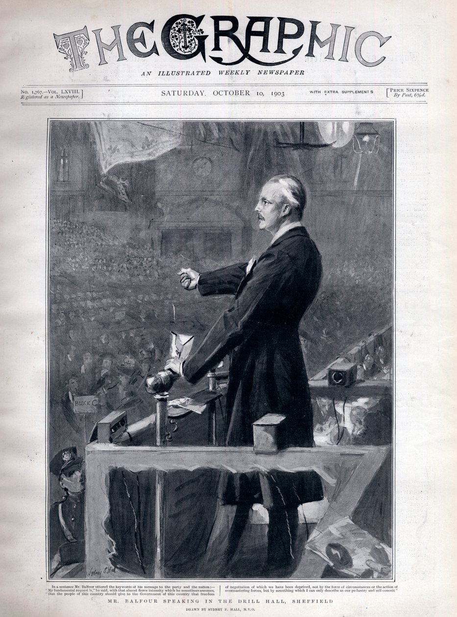 Arthur James Balfour (1848-1930) britisk politiker og statsmann som taler i drillhallen, Sheffield. av Sydney Prior Hall
