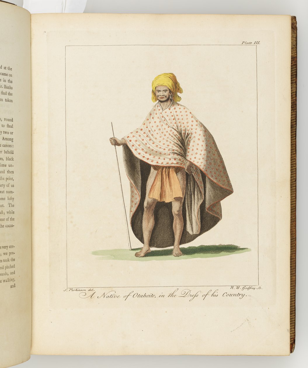 A Native of Otaheite, illustrasjon fra A journal of a voyage to the South Seas: in His Majestys ship, the Endeavour, 1794 (håndfarget gravering) av Sydney