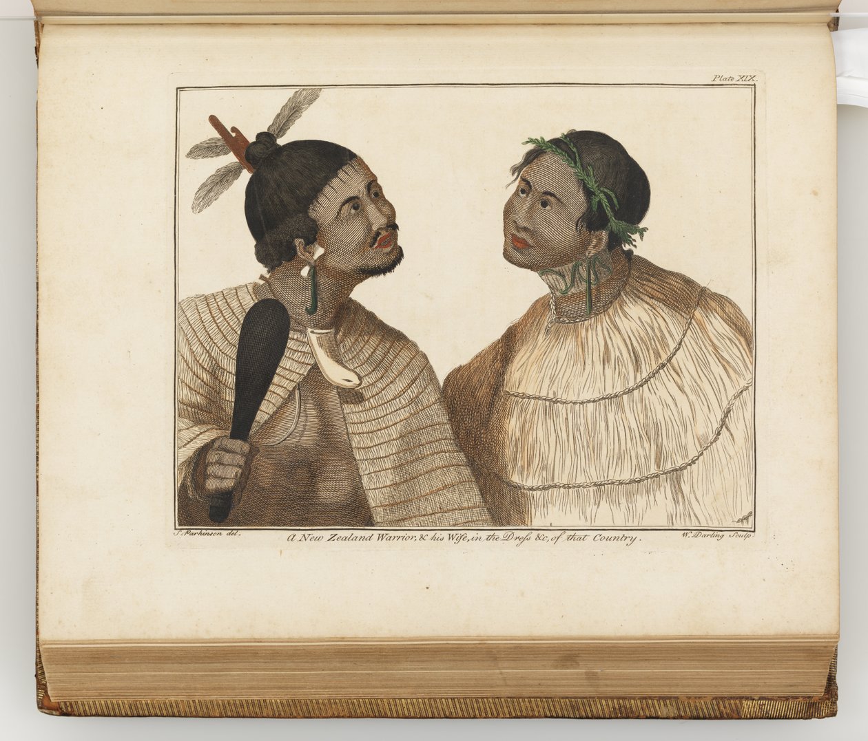 En New Zealand-kriger og hans kone, illustrasjon fra A journal of a voyage to the South Seas: in His Majestys ship, the Endeavour, 1794 (håndfarget gravering) av Sydney