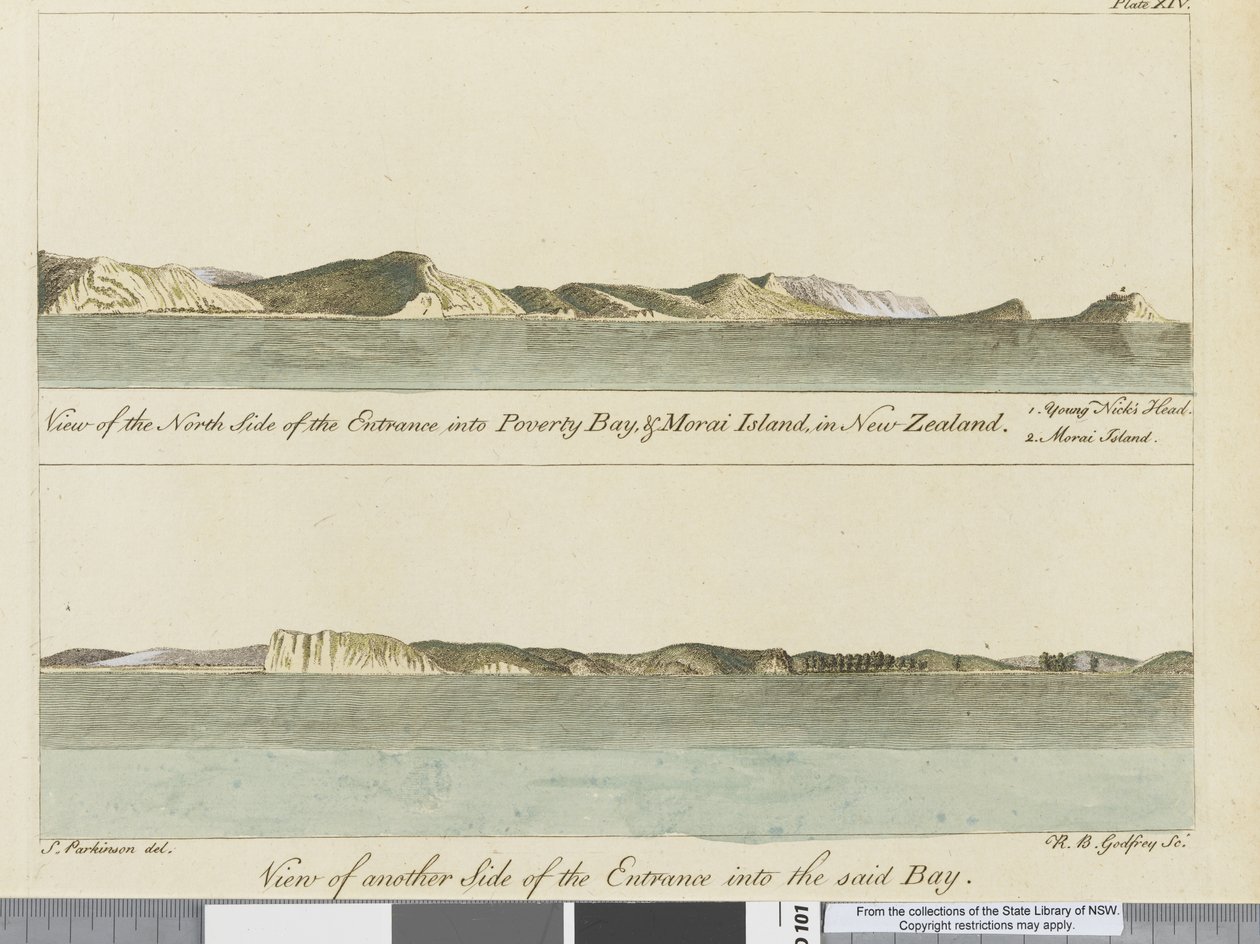 Illustrasjon fra A journal of a voyage to the South Seas: in His Majestys ship, the Endeavour, 1794 (håndfarget gravering) av Sydney
