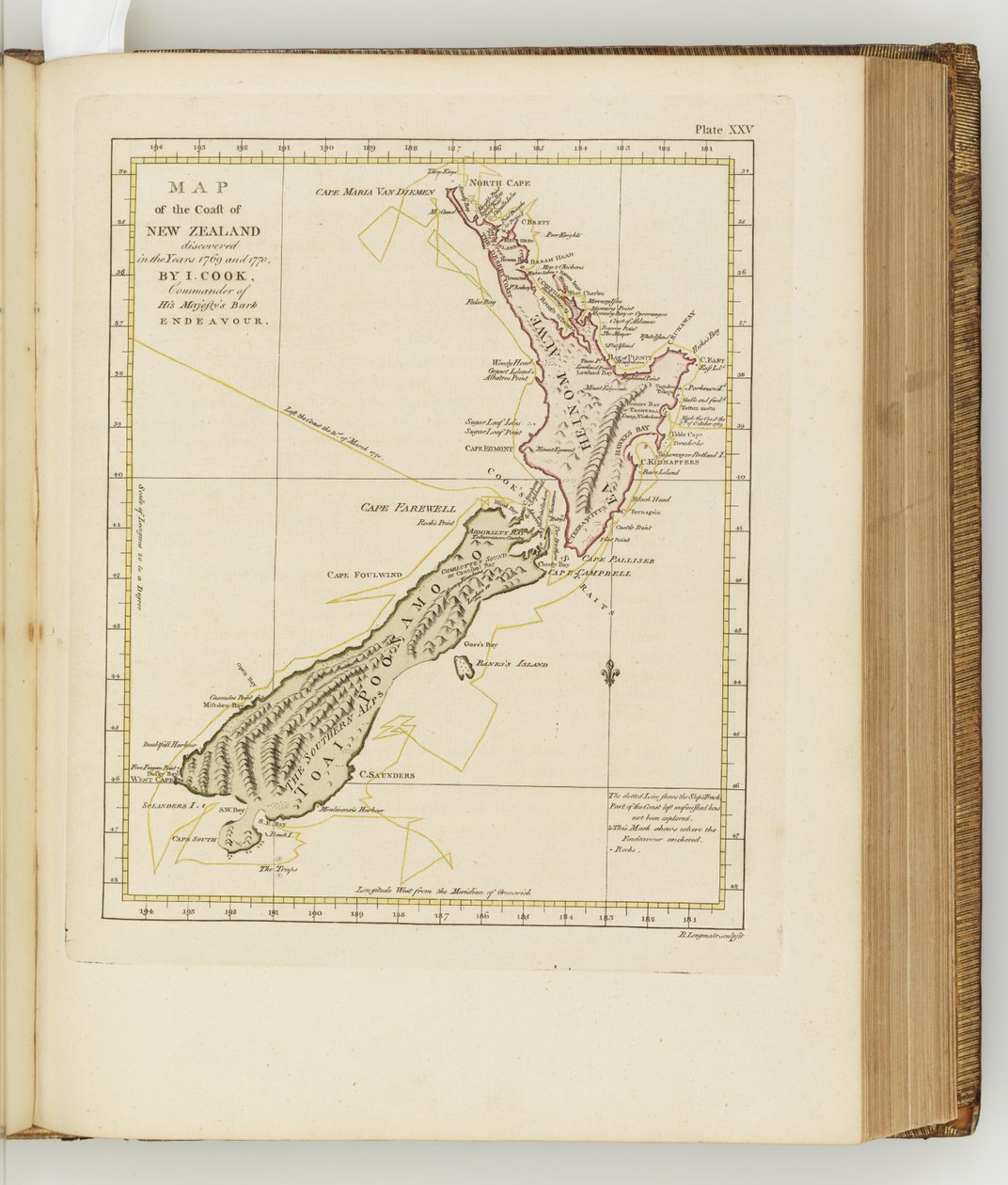 Kart over kysten av New Zealand, illustrasjon fra A journal of a voyage to the South Seas: in His Majestys ship, the Endeavour, 1794 (håndfarget gravering) av Sydney