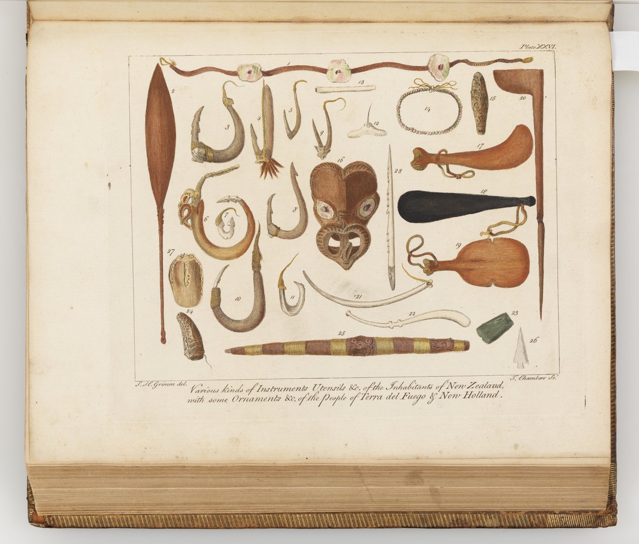 Ulike typer instrumenter, redskaper og c av innbyggerne i New Zealand, illustrasjon fra A journal of a voyage to the South Seas: in His Majestys ship, the Endeavour, 1794 (håndfarget gravering av Sydney