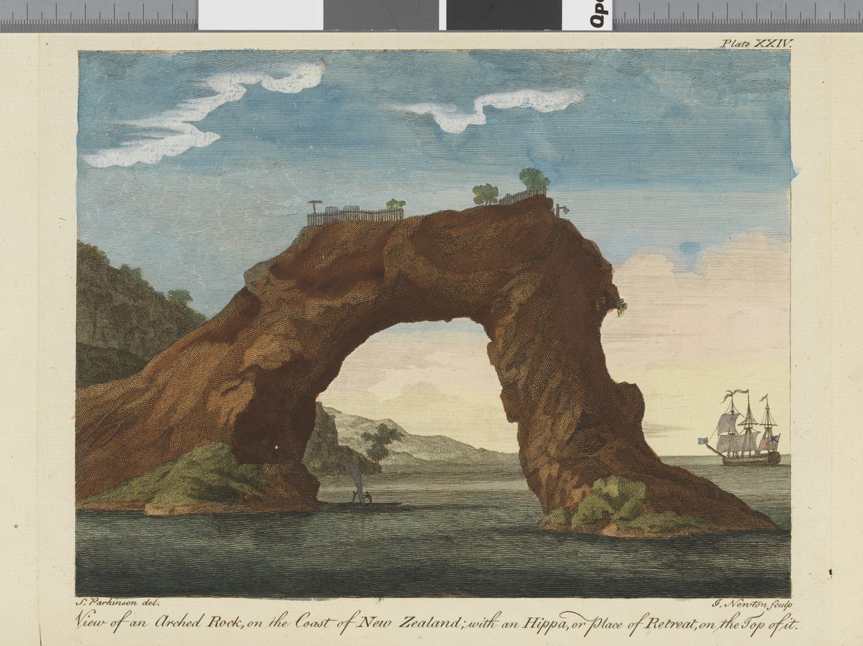 Utsikt over en buet stein, illustrasjon fra A journal of a voyage to the South Seas: in His Majestys ship, the Endeavour, 1794 (håndfarget gravering) av Sydney