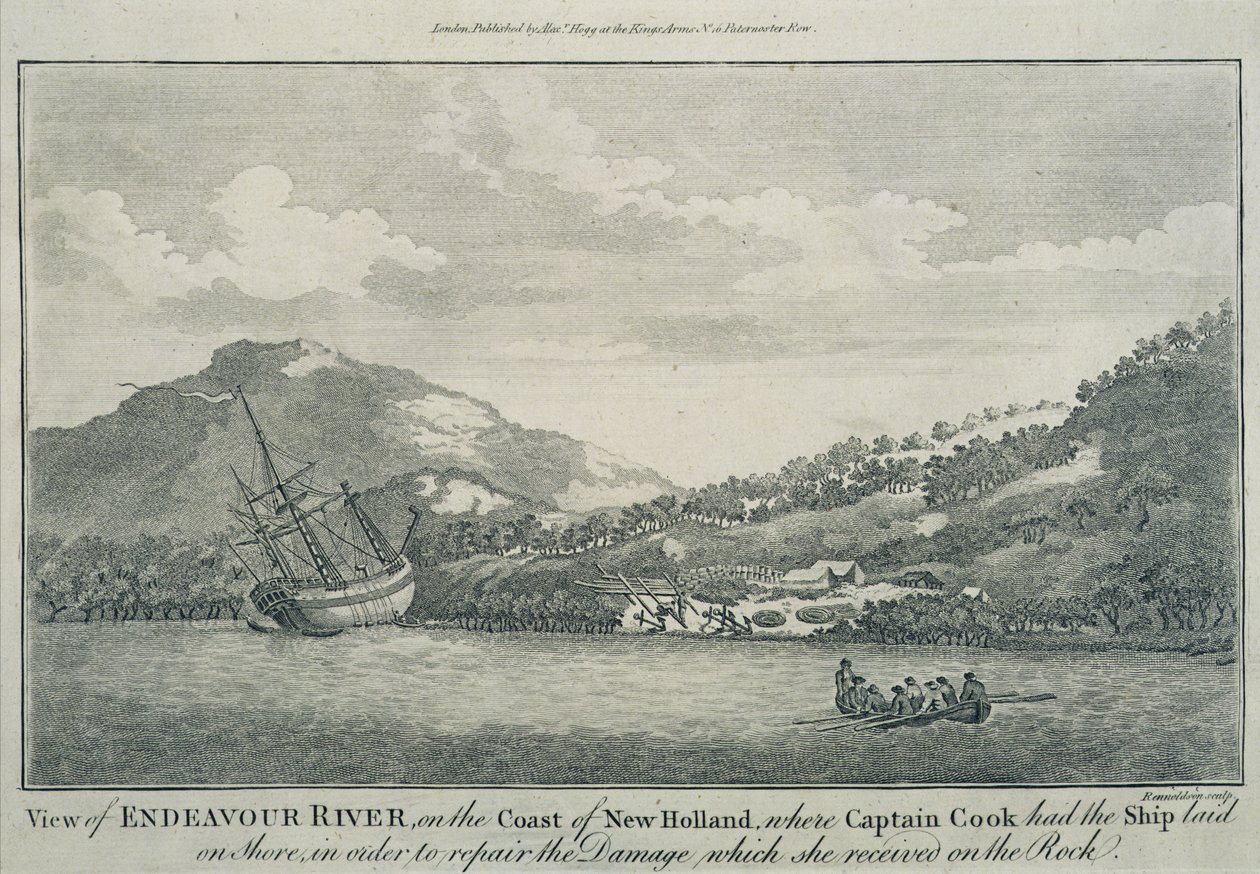 Kaptein Cook etter å ha blitt forlist på sin reise jorden rundt, har Endeavour reparert i en havn på en av Hope-øyene, ca. 1786 (gravering) av Sydney (after) Parkinson
