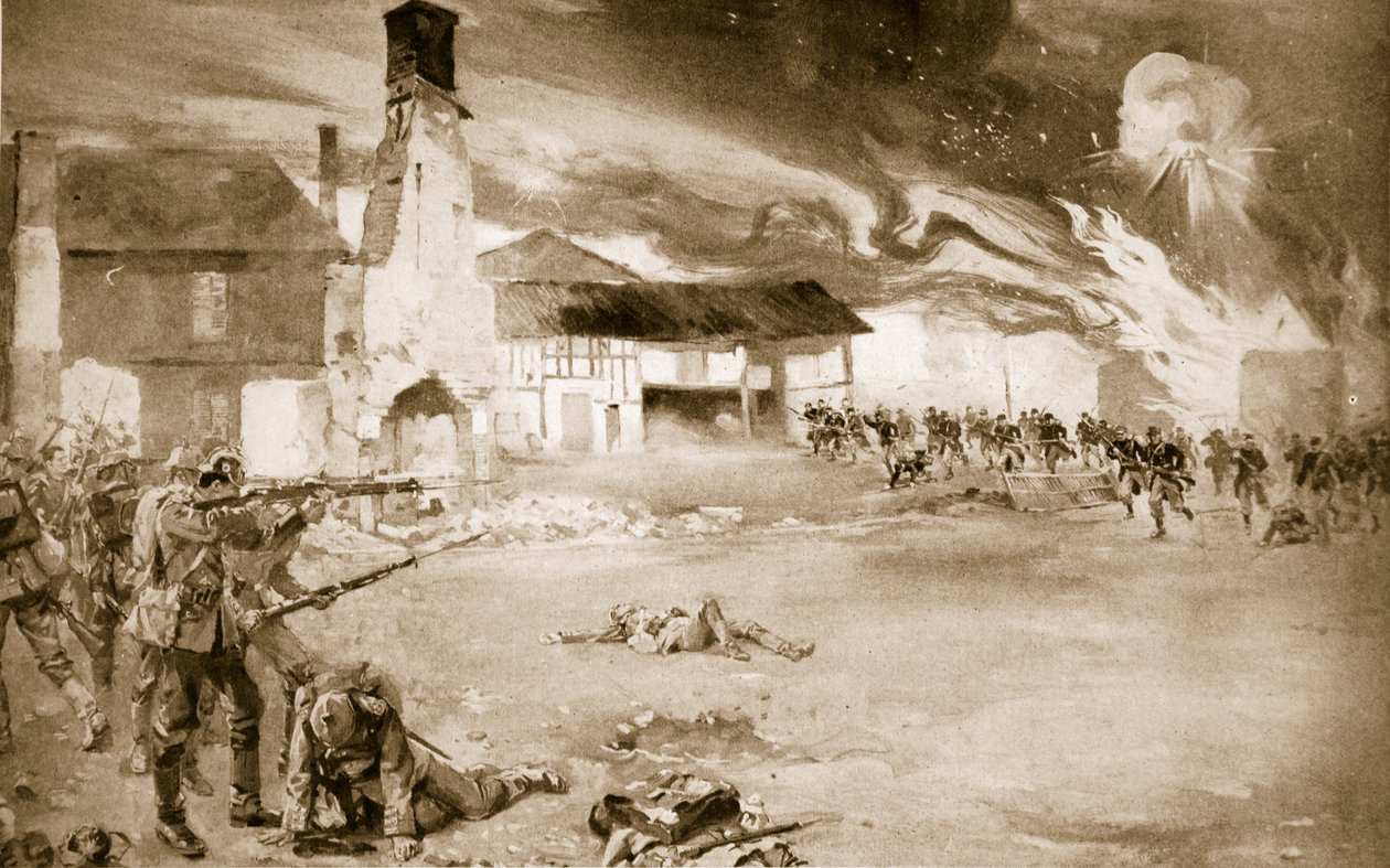 Franskmenn beseiret den tyske keisergarden i en landsby som skiftet hender fire ganger, 1914-19 av Sydney Adamson