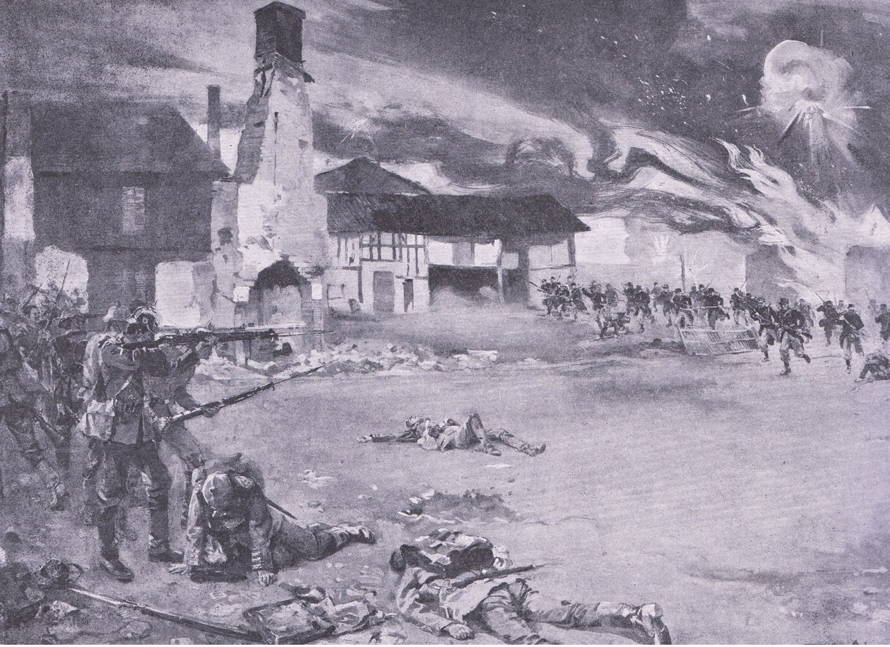 Gatekamper på den fransk-tyske grensen: Et fransk angrep på den prøyssiske garde, fra History of the Great War Vol 3 utgitt av Waverley Book Co Limited, ca. 1920 av Sydney Adamson