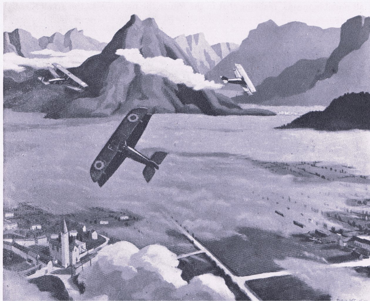 Britiske speidere som forlater flyplassen sin på patrulje over Asiago Plateau, Italia, fra British Adventure utgitt av Collins, 1947 av Sydney Carline