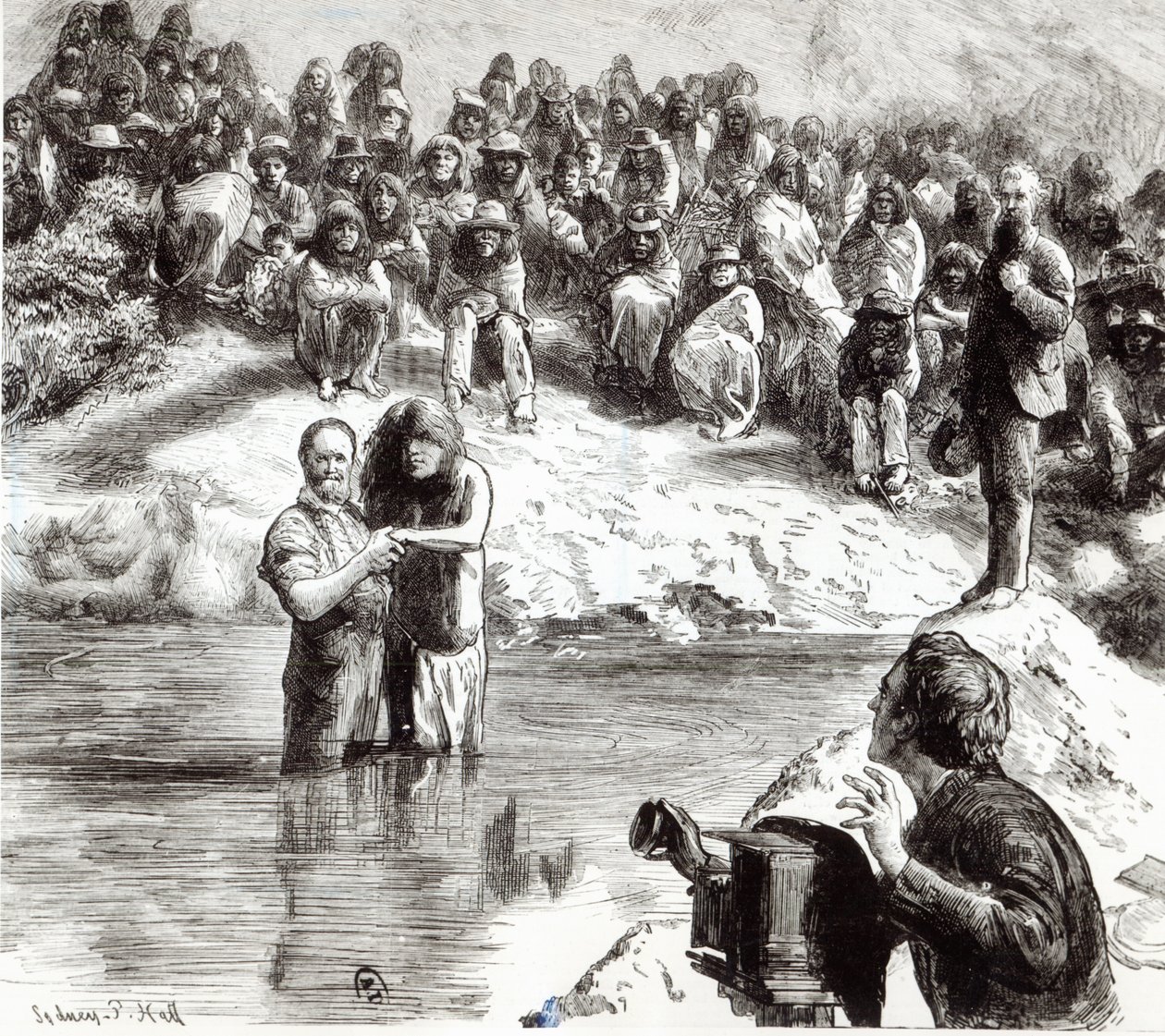 En dåp av nordamerikanske indianere - Mormoner poserer som Kristi apostler, 1892 av Sydney Prior Hall