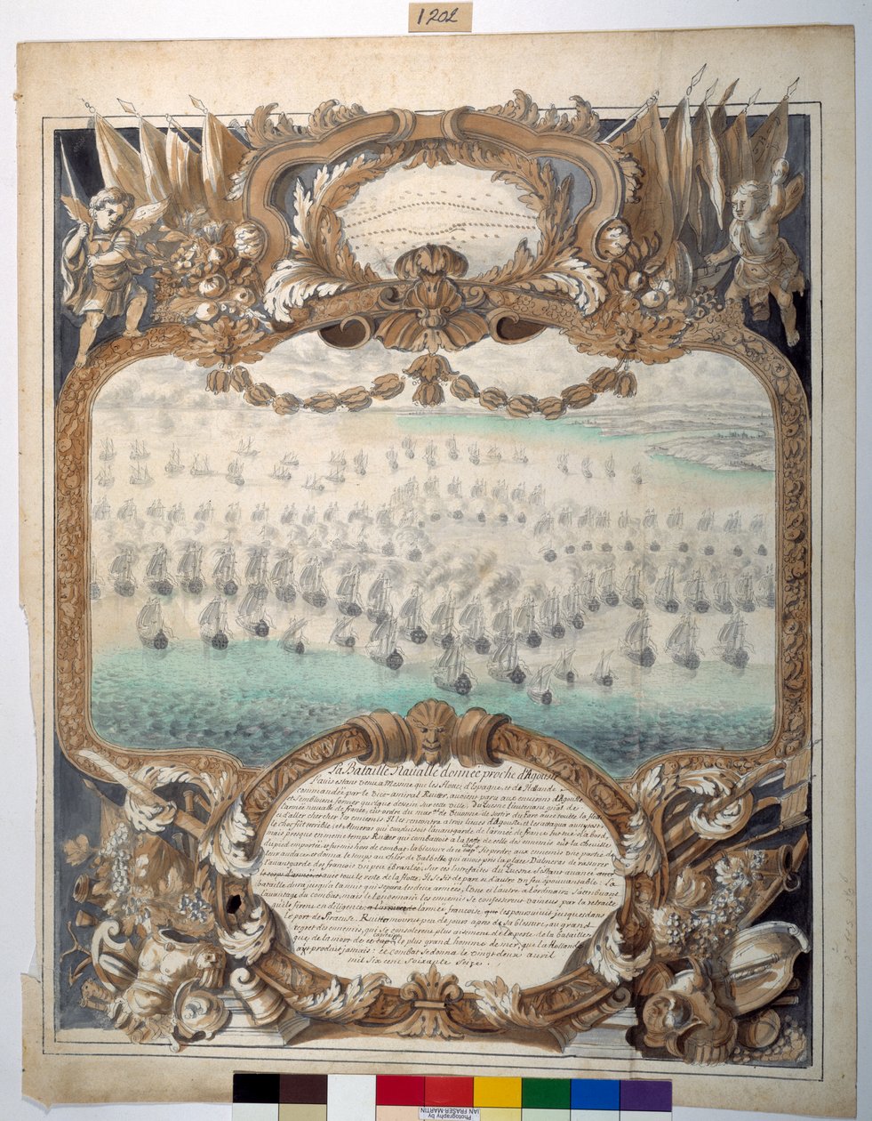 Sjøslag gitt nær Agouste, 22. april 1676 (svart blekk og kartleggingspenn med akvarell på papir) av Sylvain Bonnet