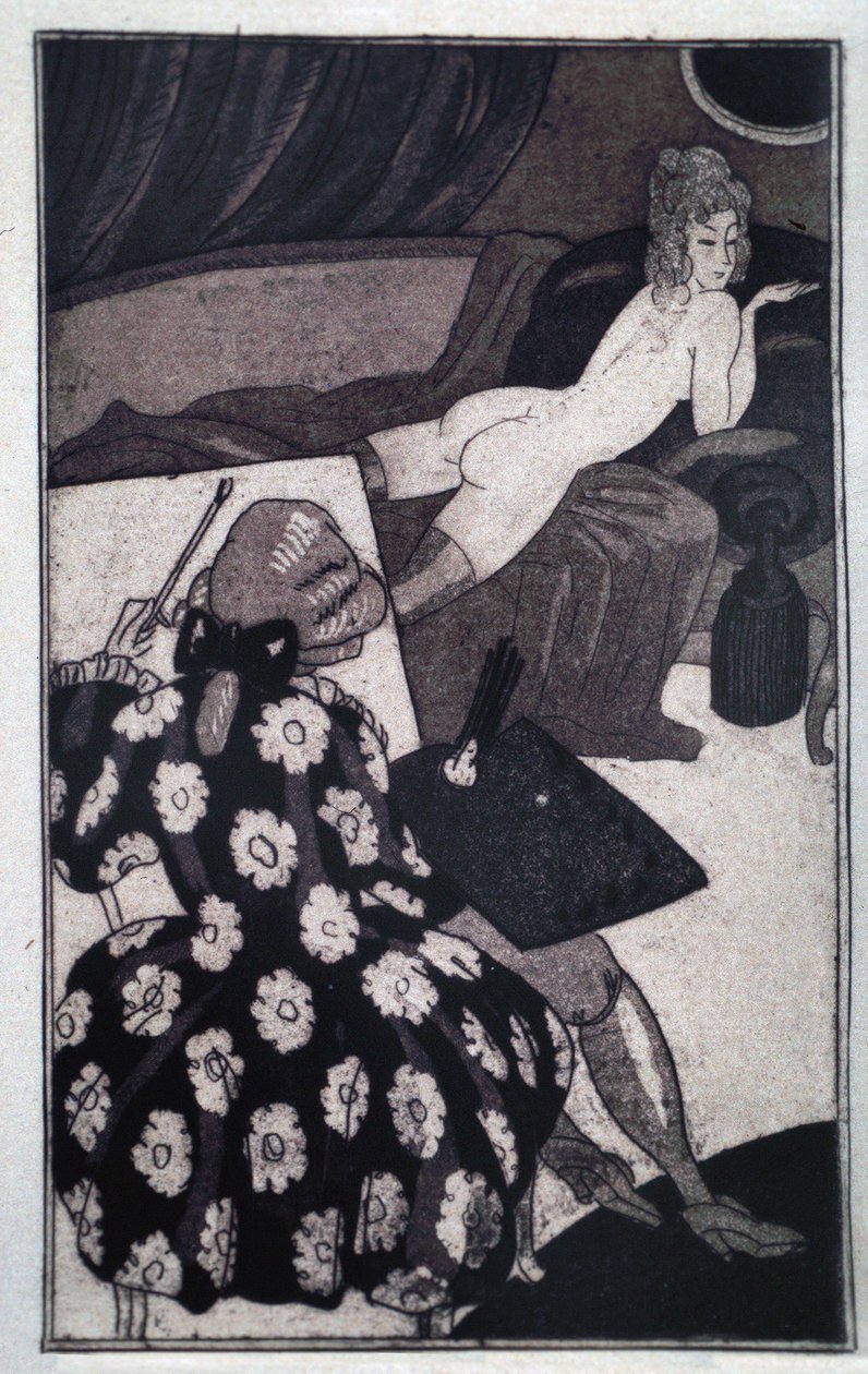 Erotikk: Giacomo Casanova (1725-1798) skildrer sin langstrakte elskerinne smått naken på en sofa (etsing) av Sylvain Sauvage