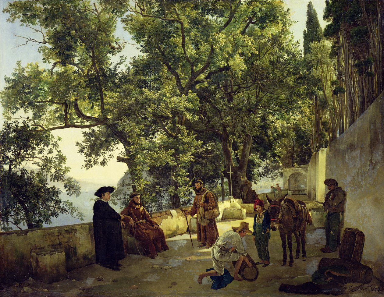 Veranda ved sjøen, Cappucin Monks i Sorrentos forsteder, 1827 av Sylvester F. Shedrin