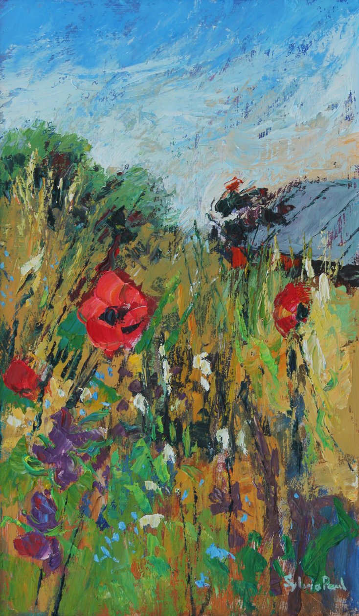 Engblomster, 2012, olje om bord av Sylvia Paul