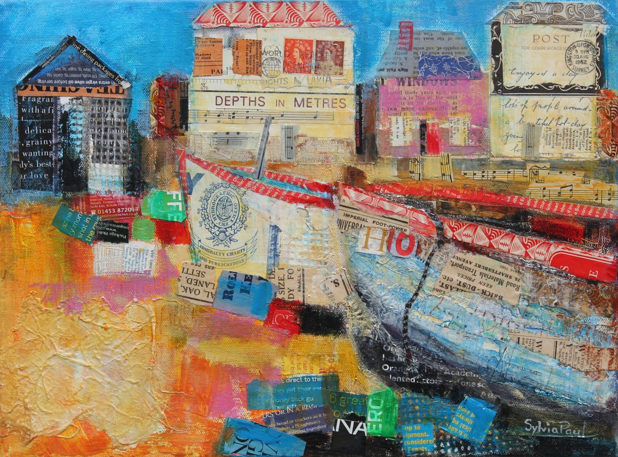 Gamle fiskebåter; 2013, akryl papir collage av Sylvia Paul