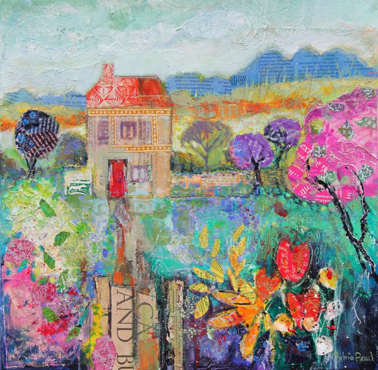 Place in the Country, 2014, akrylpapircollage av Sylvia Paul