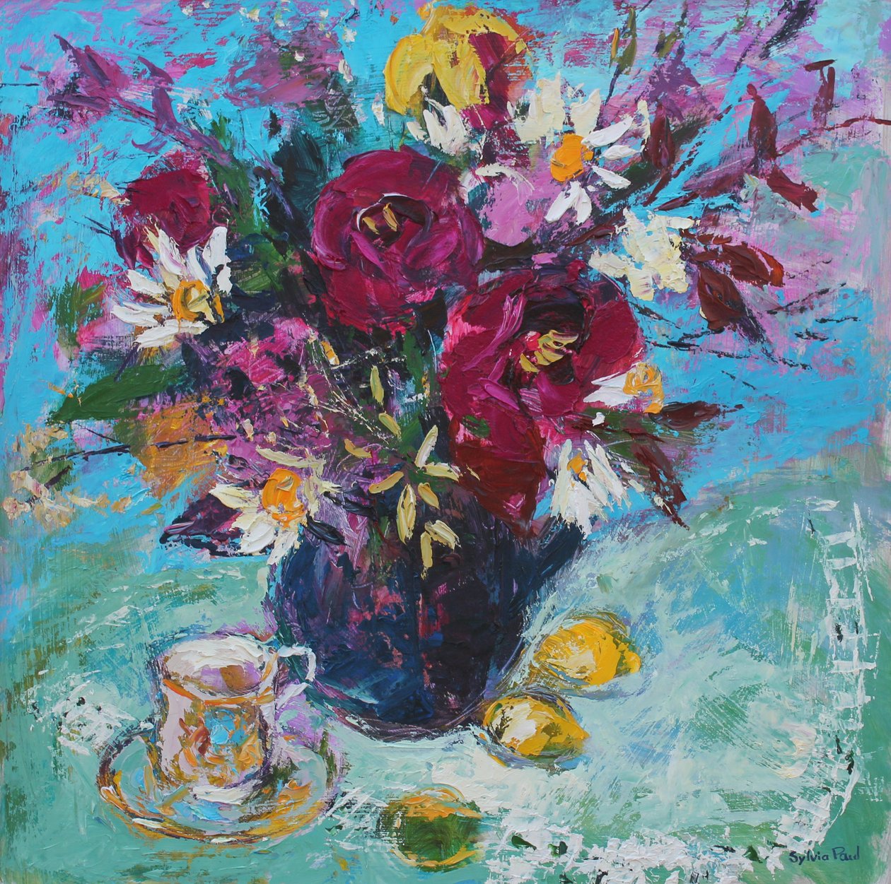 Stilleben med tekopp, 2013, olje om bord av Sylvia Paul