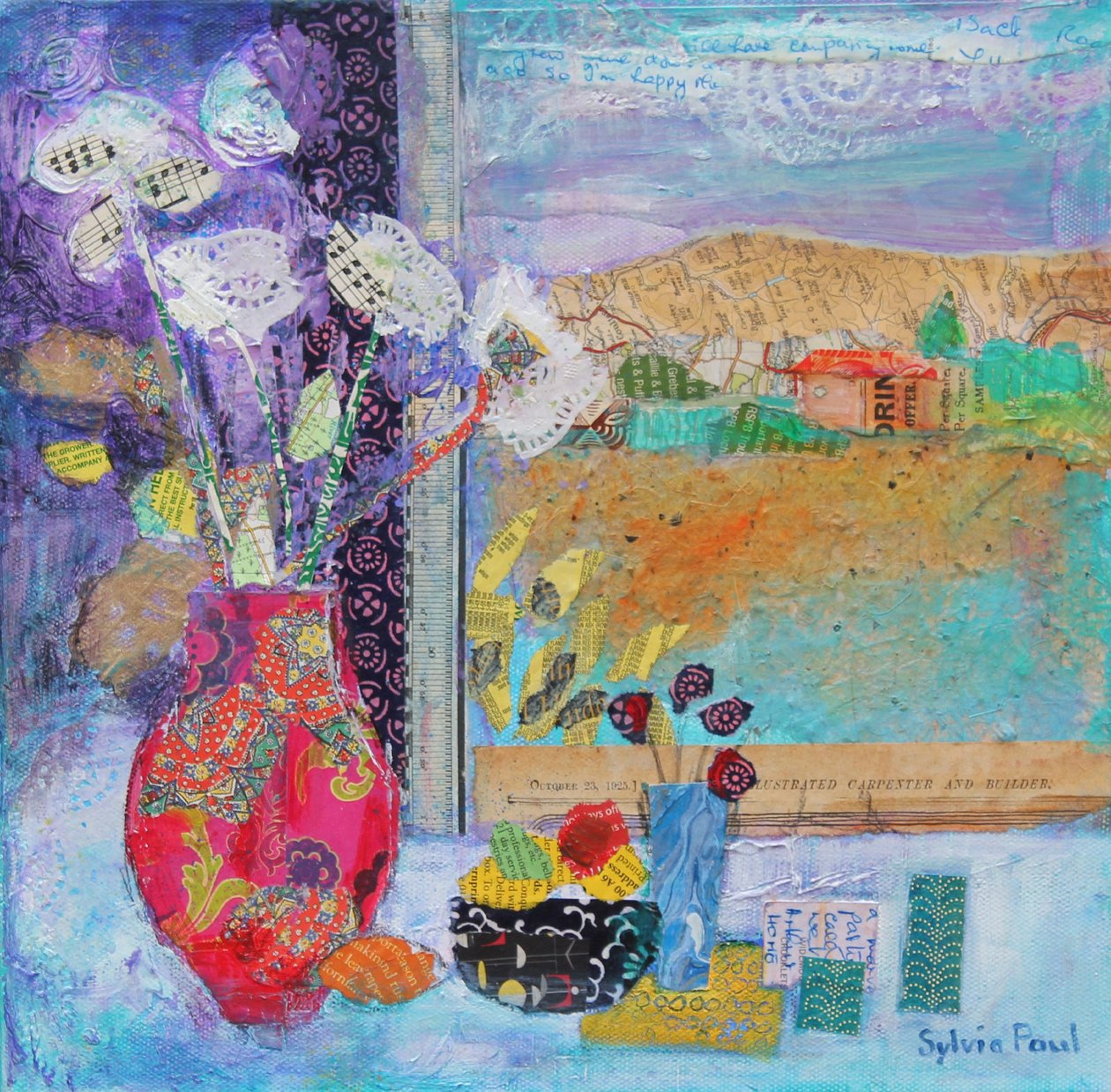 Blomster i vinduet 2014, akrylpapircollage av Sylvia Paul