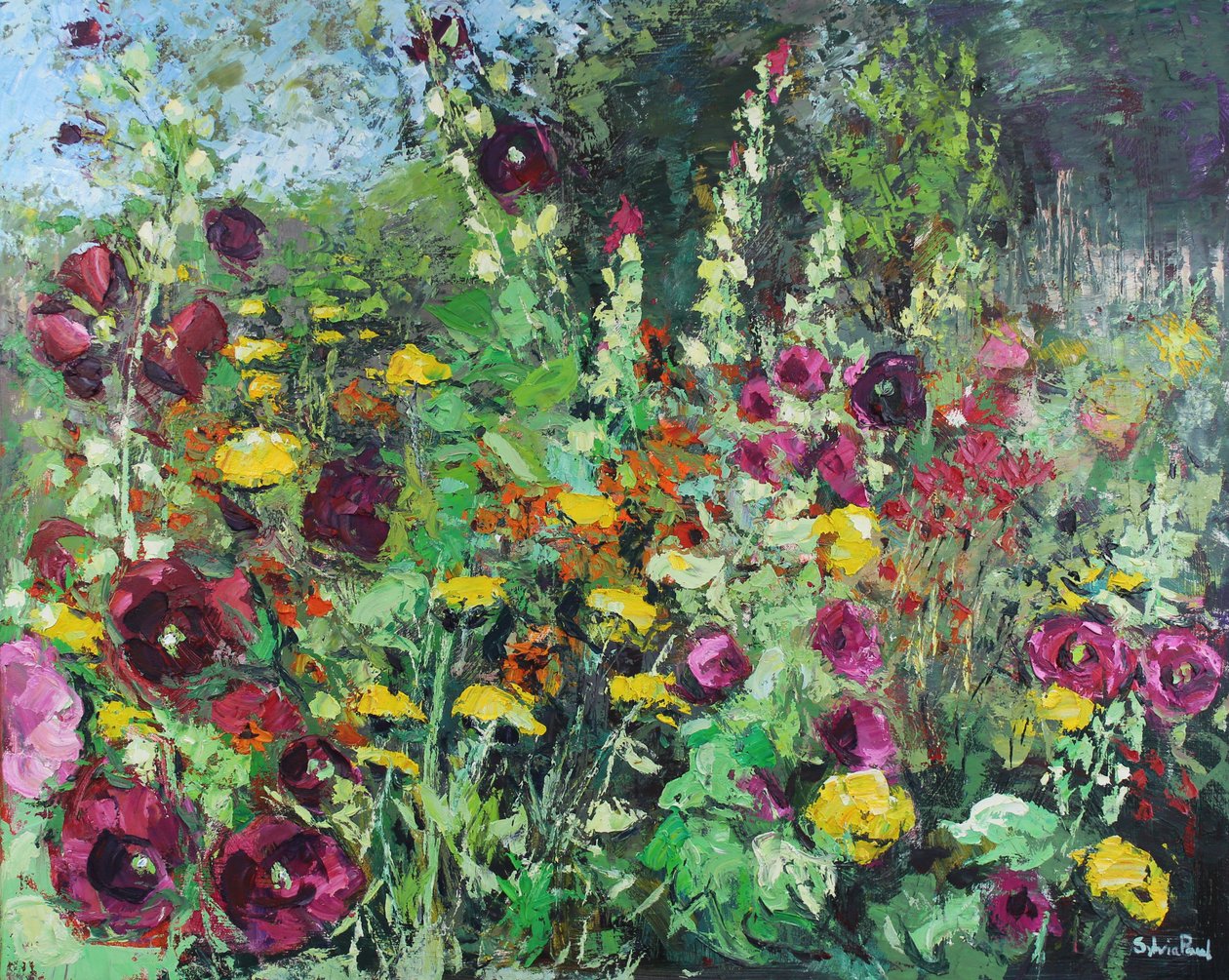 Hollyhock-hagen, 2021 (olje på lerret) av Sylvia Paul