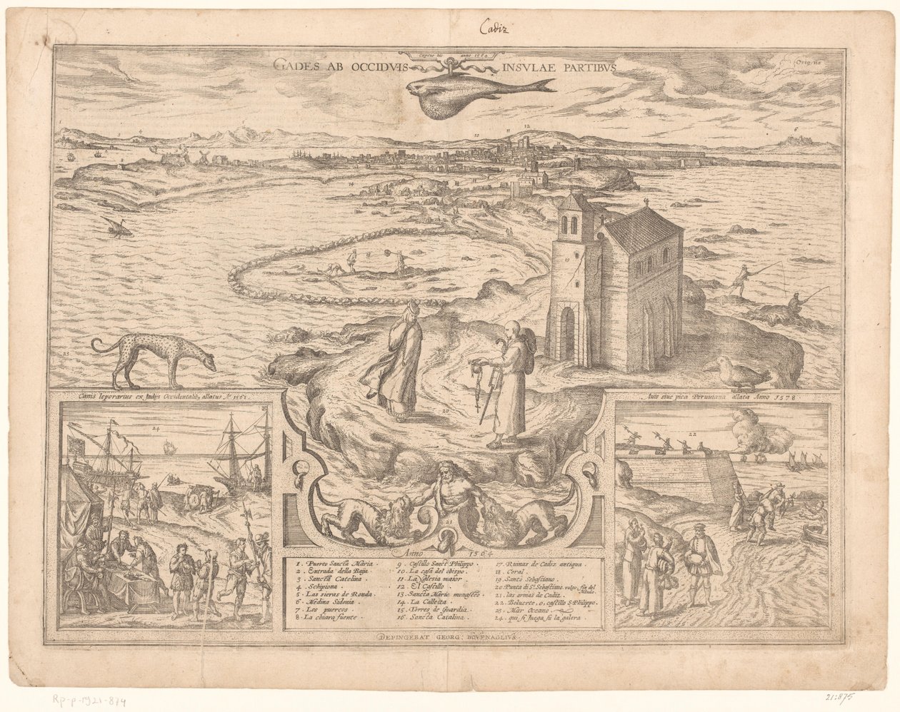 Utsikt over neset til Cádiz Gades ab occiduis insulae partibus (tittel på objekt) av Symon Novelanus (possibly)