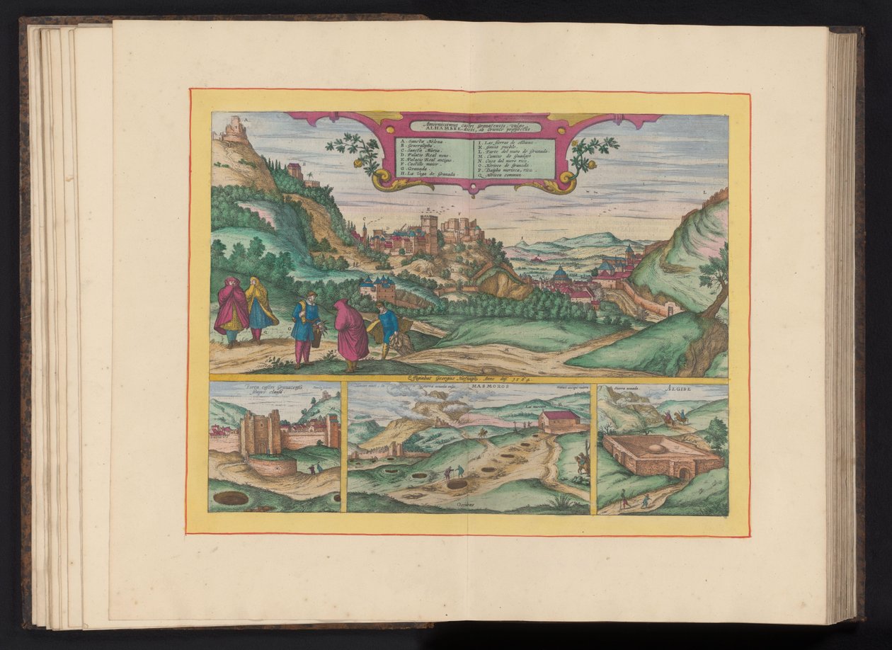 Se på Alhambra i byen Granada Det vakreste slottet i Granada, ofte kalt Alhambra, sett fra øst (tittel på objekt) av Symon Novelanus (possibly)
