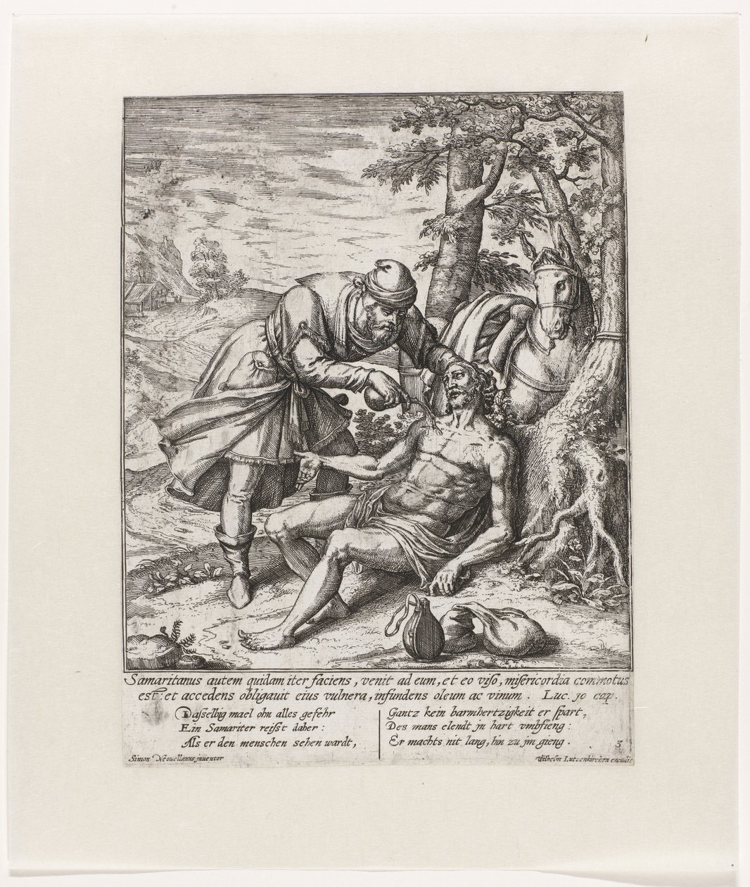 Den barmhjertige samaritan pleier sårene til den ranede reisende Lignelse om den barmhjertige samaritan (serietittel) av Symon Novelanus