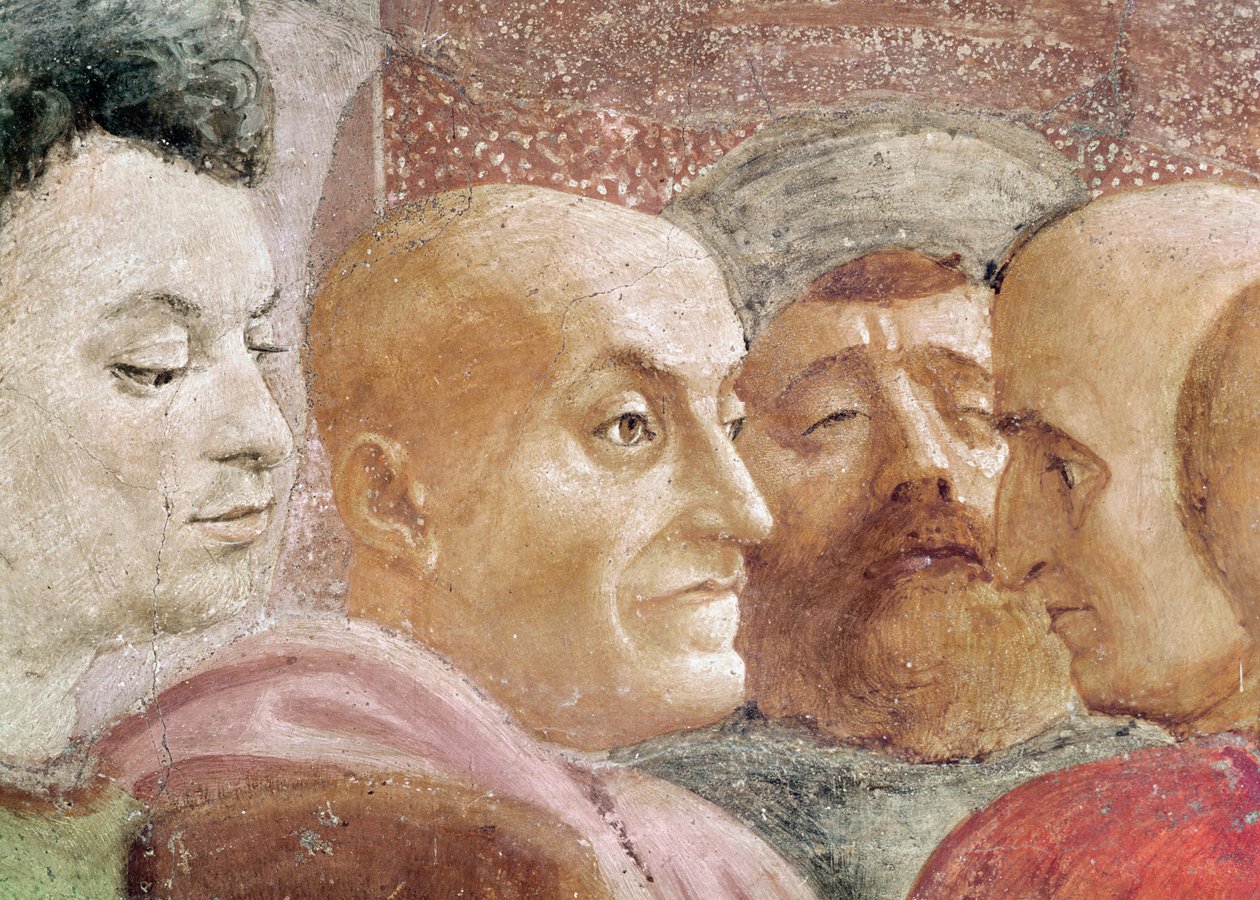 Detalj av menns hoder til venstre for keiseren, fra oppdragelsen av Theophilus-sønnen, og St. Peter tronet som første biskop av Antiokia, ca. 1427 og ca. 1484-85 (detalj av 63302) av Tommaso Masaccio