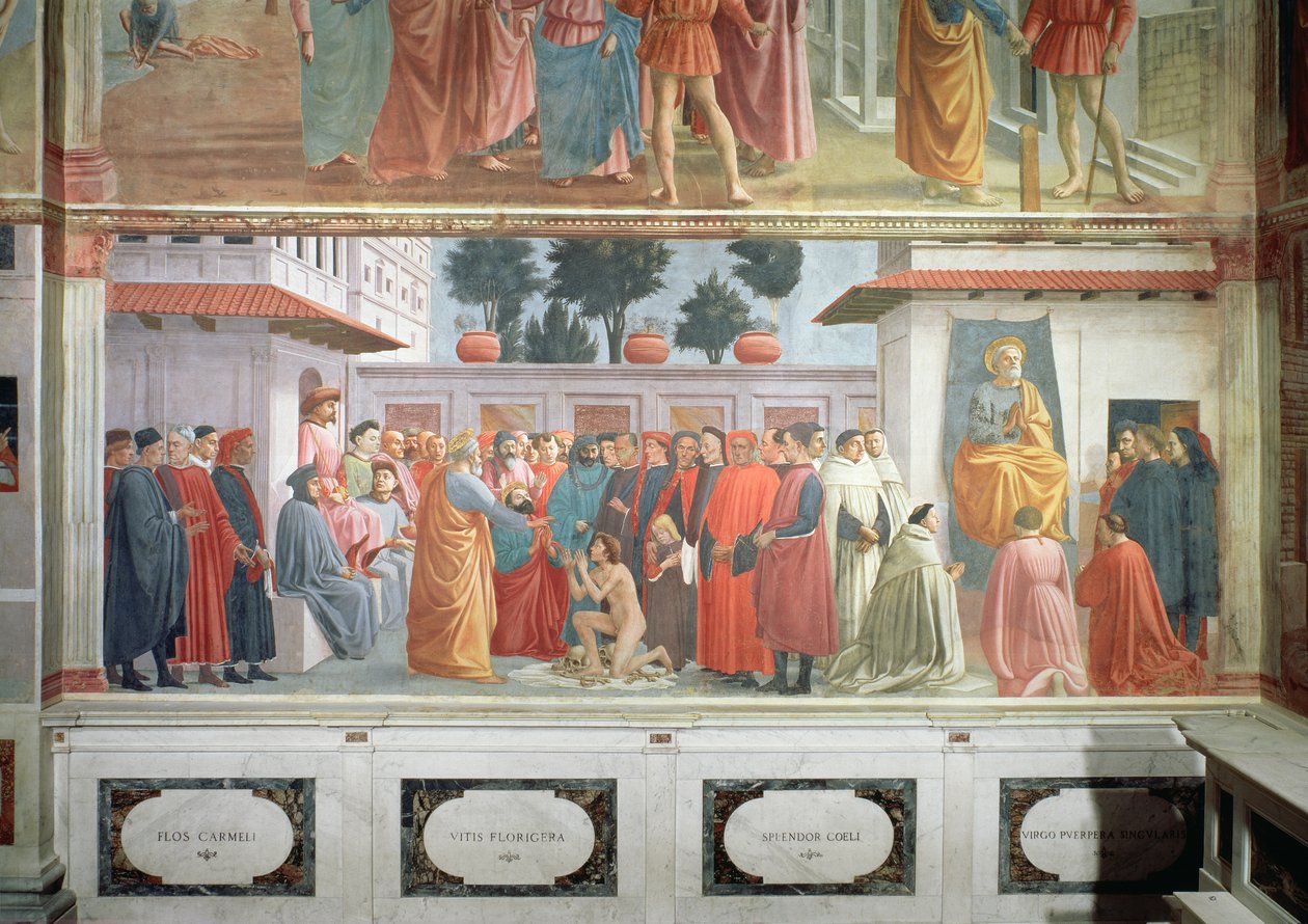 Oppdragelsen av sønnen til Theofilus, kongen av Antiokia, og St. Peter tronet som første biskop av Antiokia, ca. 1427 og ca. 1480 av Tommaso Masaccio