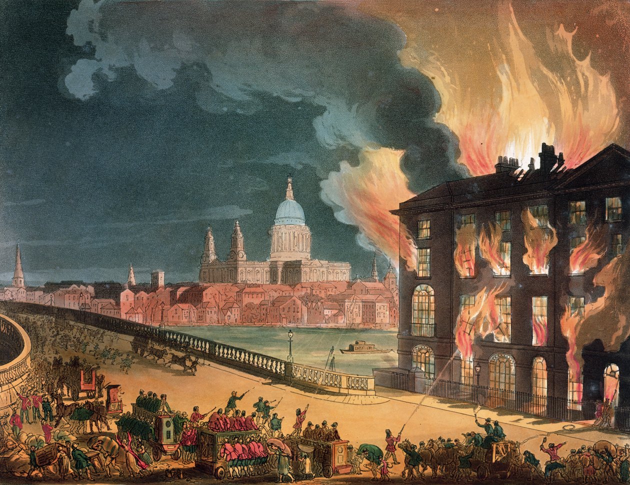 Brann ved Albion Mill, Blackfriars Bridge, fra Ackermanns 