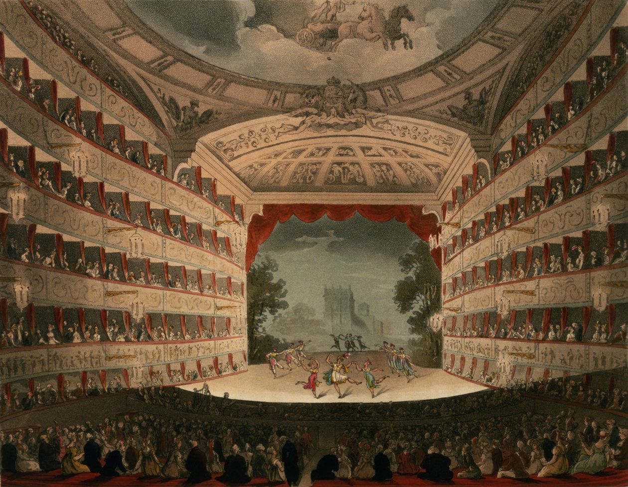 New Covent Garden Theatre, 1810, fra 'Ackermann's Microcosm of London' (akvatint) av Pugin and Rowlandson
