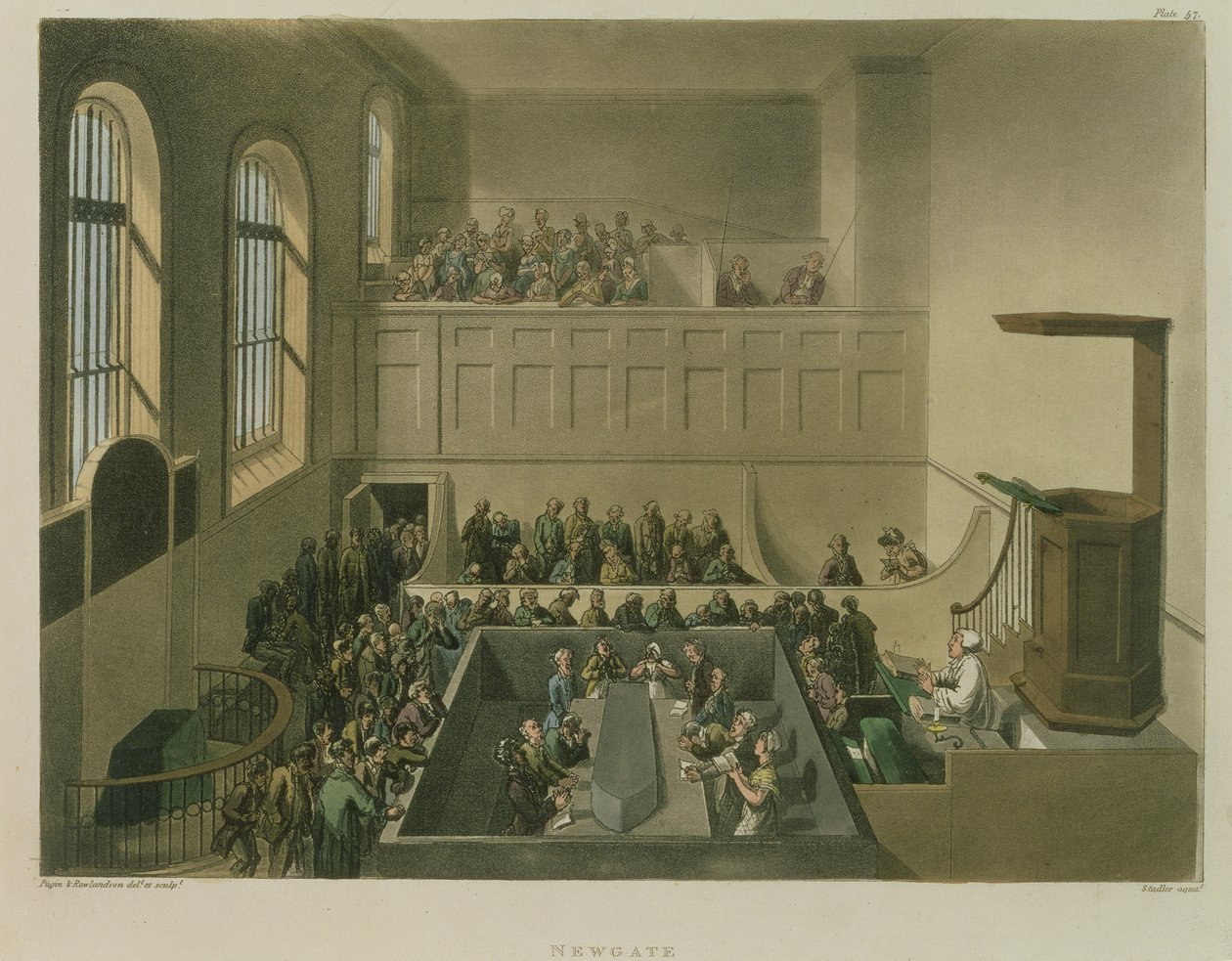 Newgate Chapel, gravert av Joseph Constantine Stadler (fl.1780-1812) pub. av R. Ackermann, 1809 (akvatint) av Pugin and Rowlandson