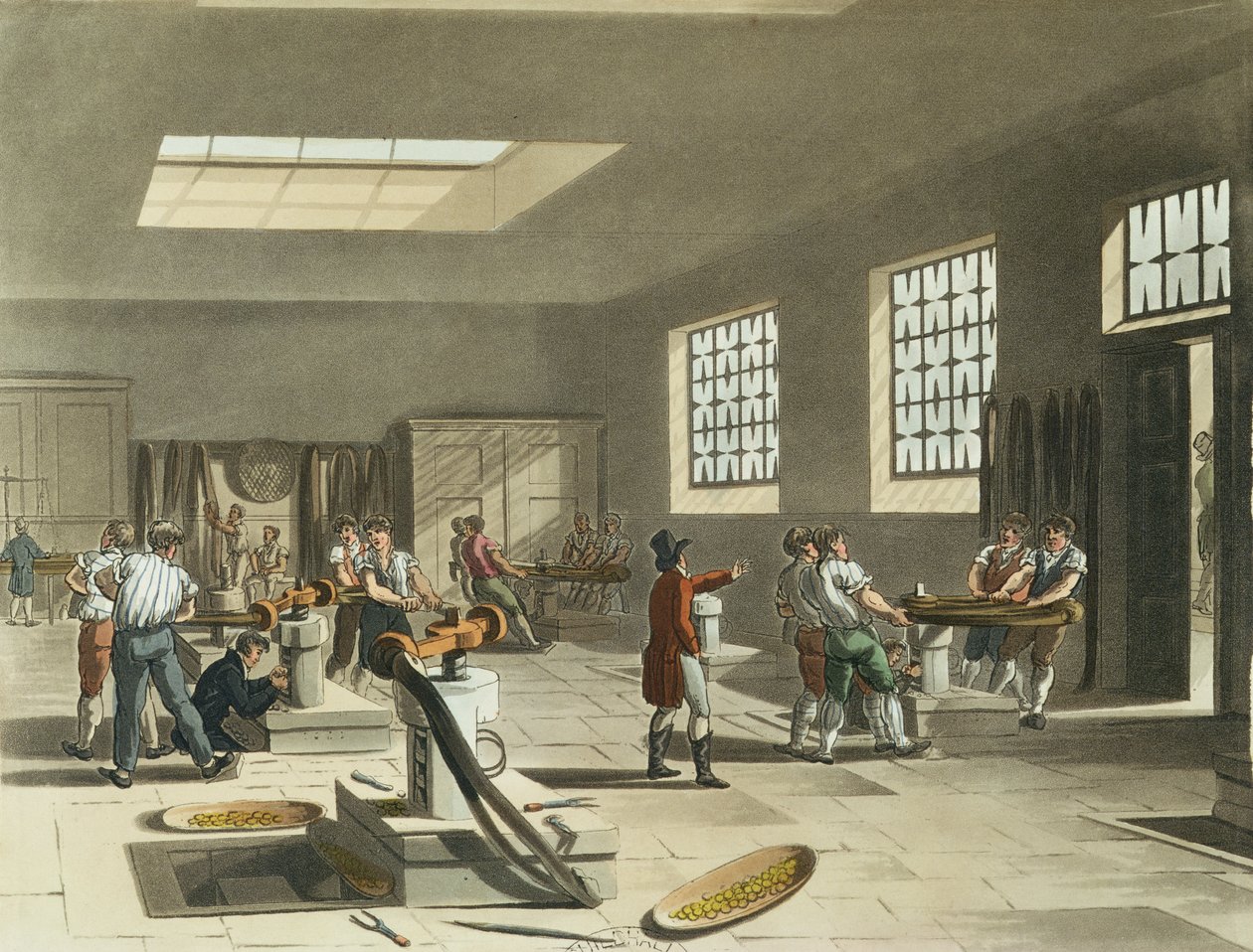Royal Mint, Stamping Room fra Ackermanns "Microcosm of London" av Pugin and Rowlandson