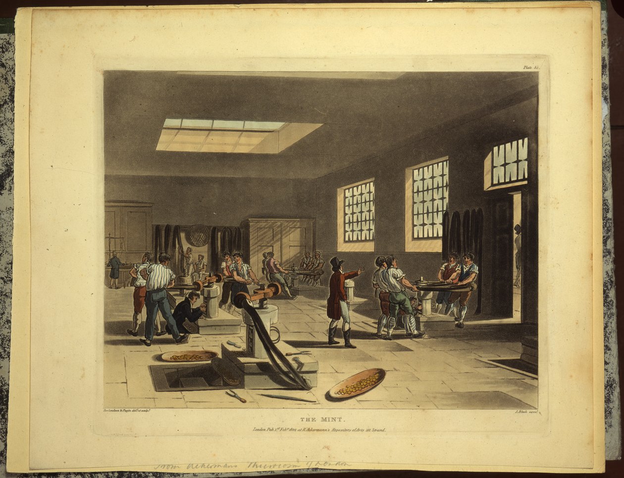 Skruepresser ved Royal Mint in the Tower, utgitt av R. Ackerman, 1809 av Pugin and Rowlandson