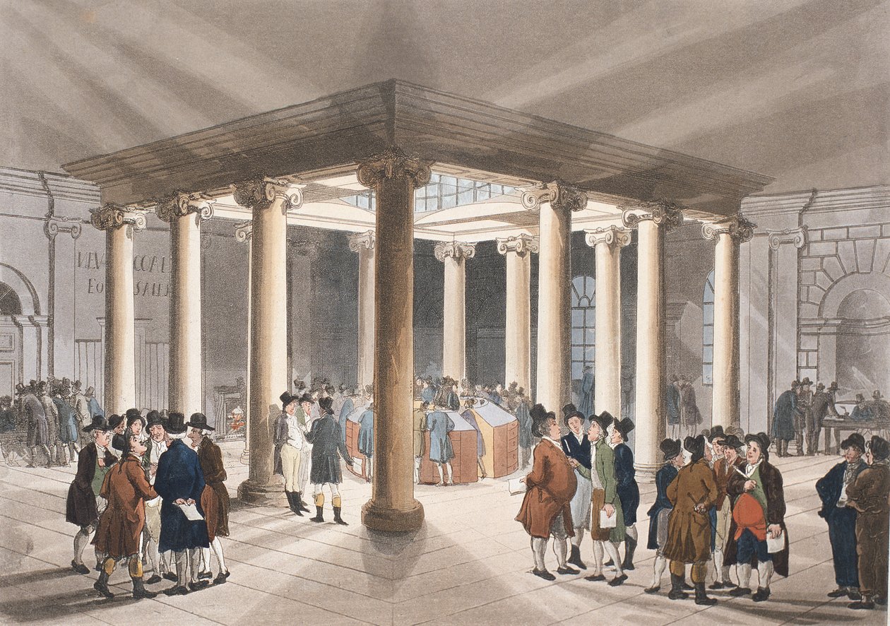 Kullbørsen, Lower Thames Street fra Ackermanns "Microcosm of London" av Pugin and Rowlandson