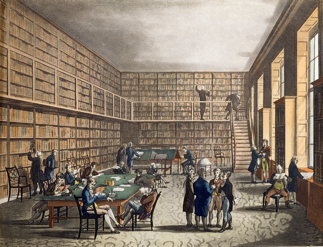 Biblioteket ved The Royal Institution, Albemarle Street, gravert av Joseph Constantine (fl.1780-1812) Stadler, 1809 av Pugin and Rowlandson
