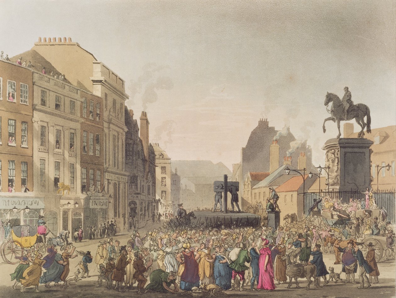 The Pillory, gravert av J. Bluck (fl.1791-1831) fra 'The Microcosm of London', pub. av Rudolph Ackermann (1764-1834) 1808 (akvatint) av Pugin and Rowlandson
