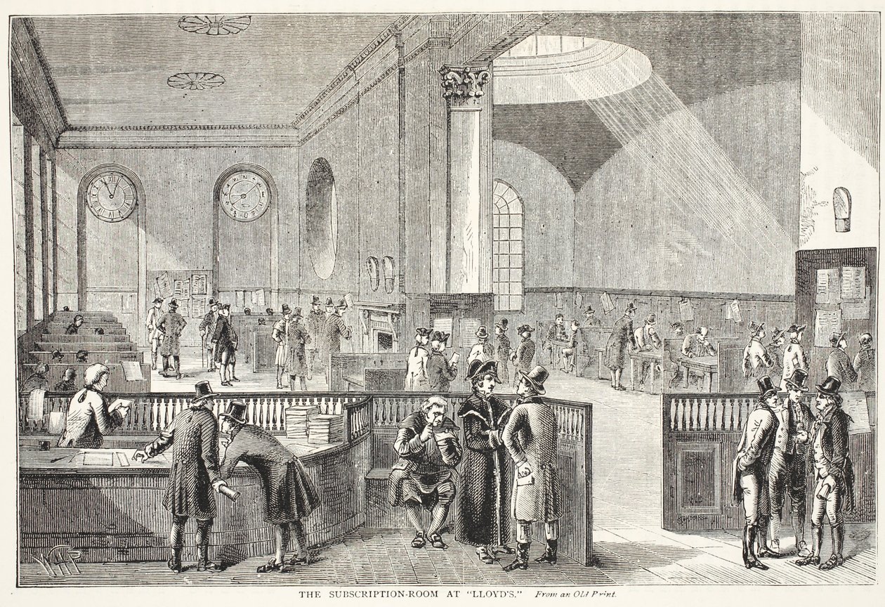 Abonnementsrommet på Lloyds, etter et gammelt trykk av Pugin and Rowlandson
